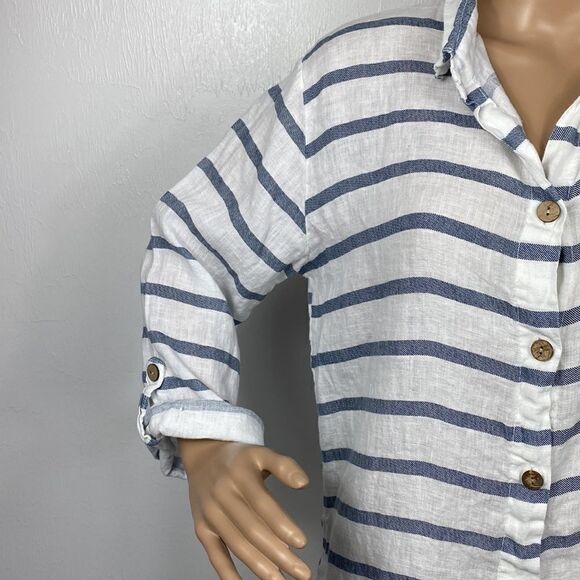 Viola Borghi Linen Blue White Stripes Button Up Tunic Blouse Size S - Picture 2 of 8